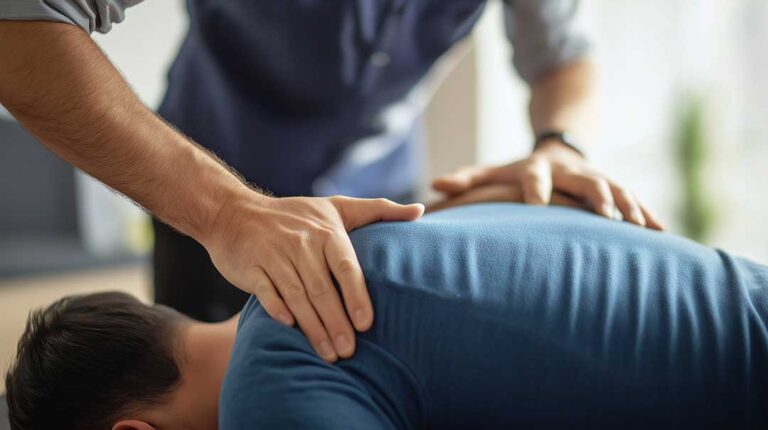 A chiropractor gently guides a patient through mobility exercises in a bright, comfortable clinical room.